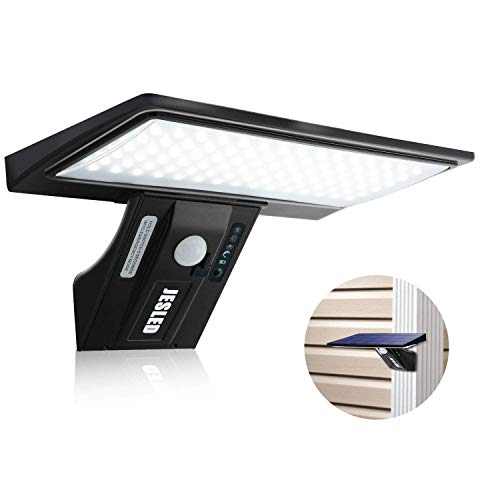 JESLED 90 LED Luz solar para exteriores, carga solar y USB, potente reflector solar con sensor de movimiento, resistente al agua con 3 modos inteligentes para jardín, patio, camino, escalera.  (Paquete de 1)