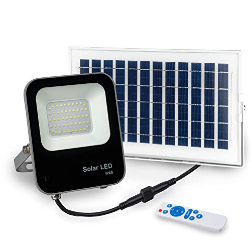 POPP- Foco LED solar para exteriores 30W 6000k IP65 Iluminación de control remoto a prueba de agua para jardín, garaje, acera, escaleras, terrazas, patio (30 vatios)