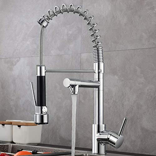 Grifo de cocina GAVAER Grifo de cocina extraíble giratorio de 360 ​​° con resorte en espiral, grifo de cocina de un solo mango con dos salidas para agua fría y caliente, grifos de fregadero de latón cromado.