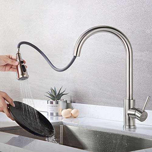 Grifo de cocina KAIBOR con rociador extensible de acero inoxidable 304, grifo de fregadero con 3 modos de rociado, grifo monomando giratorio de 360° sin plomo, superficie cepillada