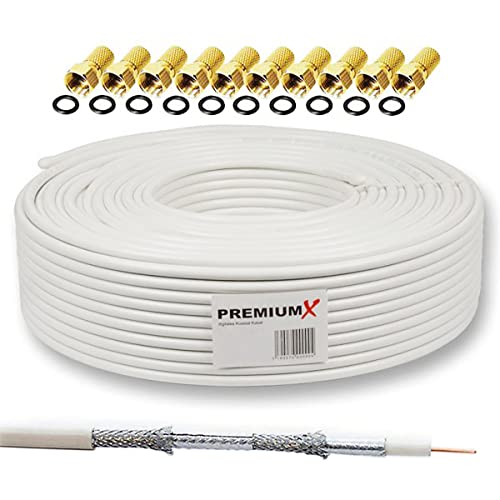 PremiumX BASIC Cable Coaxial 25m 135dB 4 Vías Blindado Acero Cobre Satélite Cable Coaxial Antena Cable Digital SAT TV Cable + 10 x Conector F GRATIS