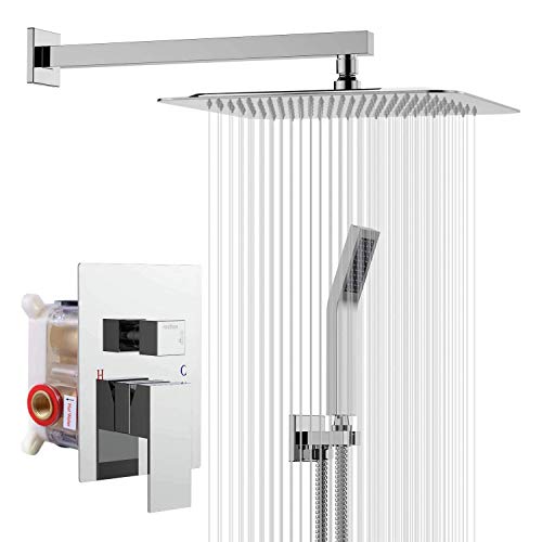 Sistema de ducha Rainsworth - Juego de grifo de ducha empotrado cromado - Tecnología de inyección de aire - Cabezal de ducha cuadrado de 10
