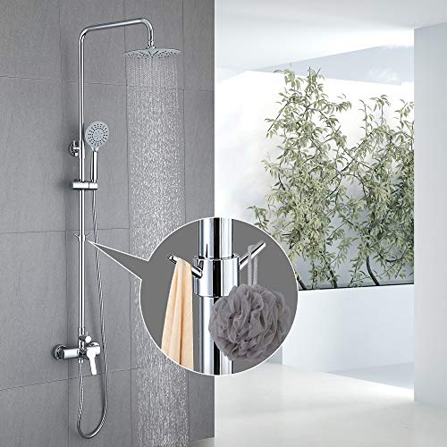 Homelody Set de Ducha con Grifo Plata Columna de Ducha Circular Estilo Moderno Varilla Regulable 900-1300mm con Ganchos Ducha de Lluvia Ducha de Mano 3 Modos y Alta Resistencia
