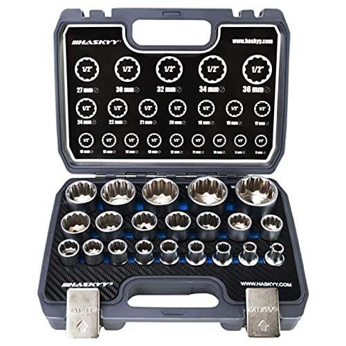 Juego de llaves de vaso multidientes profesionales HASKYY I Juego de herramientas de 21 piezas I Juego de llaves de vaso Torx Kant XZN de 6 llaves I Sistema de juego de llaves de vaso