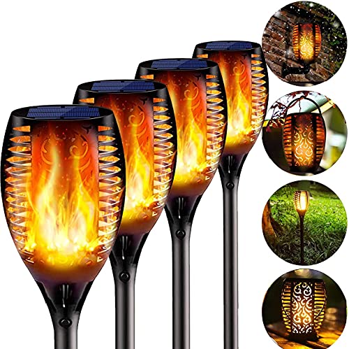 BIGFOX 4 uds.  Luz solar con llama exterior con gancho, linterna solar 3 en 1 con efecto fuego, IP65, estanca, encendido/apagado automático, para jardín, terraza, playa, iluminación exterior