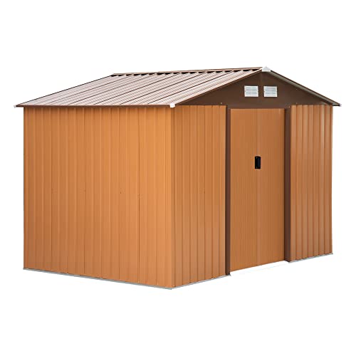 Sopa de jardín exterior Outsunny 5,2 m² 277x195x192 cm Caseta de jardín metálica para guardar herramientas con base incluida y 4 ventanas ocres