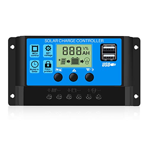 Thlevel 30A 12V/24V Controlador de carga solar Panel solar inteligente Controlador de carga solar con pantalla LCD y puerto USB dual para panel solar, lámpara, batería e iluminación LED (30A)