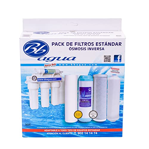 Pack de 4 filtros de agua para equipos estándar de ósmosis inversa.  1 sedimento, 1 carbón GAC, 1 bloque de carbón y 1 post filtro de coco.  Reemplace una vez al año.  Bbagua.