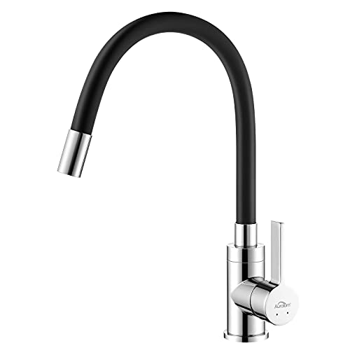 Grifo de cocina con caño flexible Auralum, grifo monomando negro para fregadero con manguera de silicona flexible y rotación de 360° para agua fría y caliente