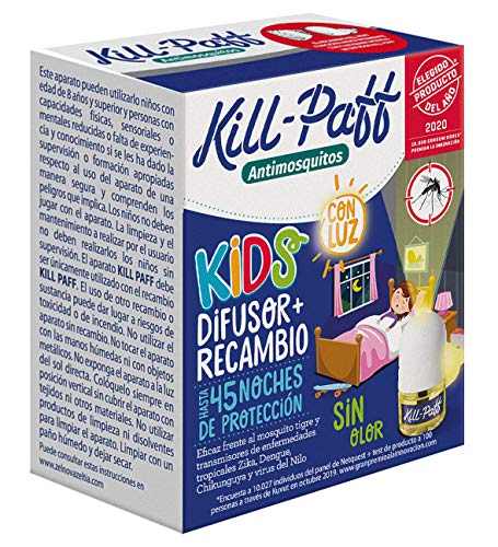 KILL-PAFF KIDS |Insecticida Eléctrico |Anti-Mosquitos |Eficaz contra mosquito tigre y portadores de enfermedades tropicales |Con luz |Inodoro|Protección 45 noches |Contenido: 1 Dif + 1 Rec.