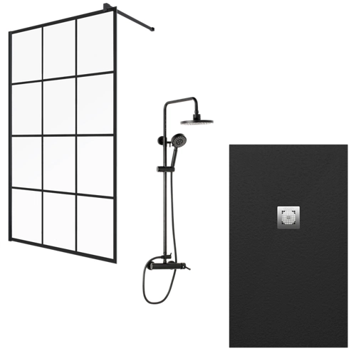 Plato de ducha Impact, columna de ducha Cool Factory y set de ducha Hera