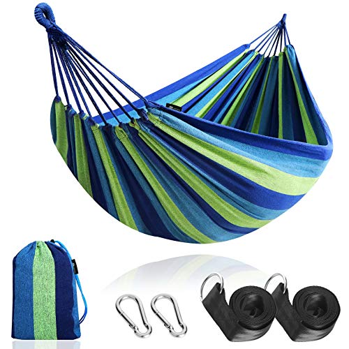 Anyoo Jardín al aire libre Hamaca de algodón Cama de lona portátil con cuerdas para acampar Capacidad de 200 kg Peso ligero con bolsa para jardín Patio Playa